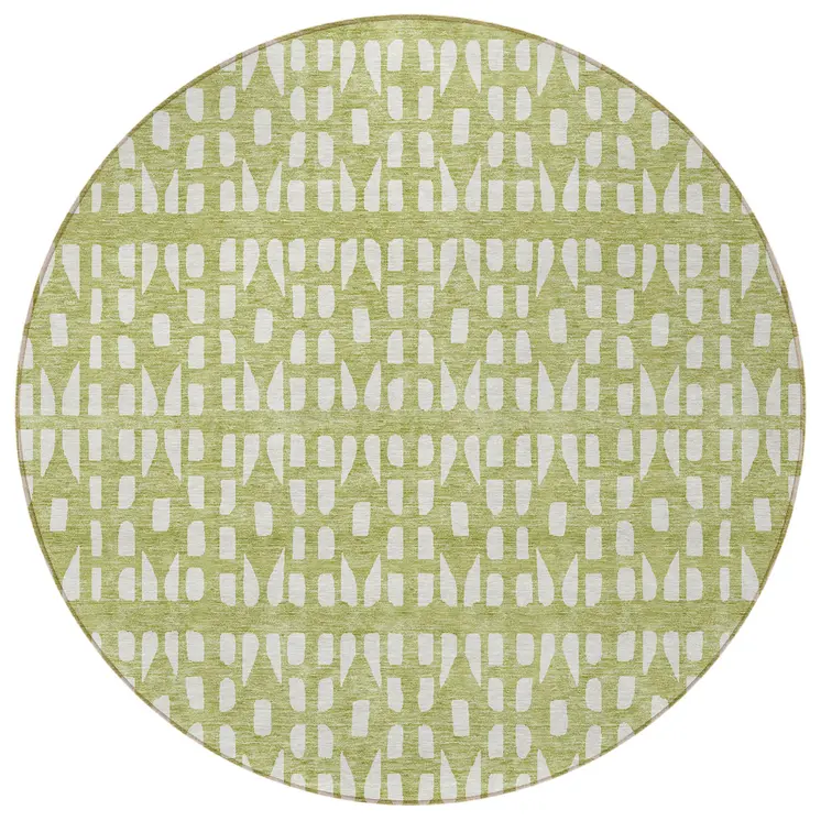 8' Sage And Ivory Round Geometric Washable Indoor Outdoor Area Rug