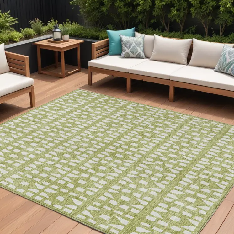 8' X 10' Sage And Ivory Geometric Washable Indoor Outdoor Area Rug