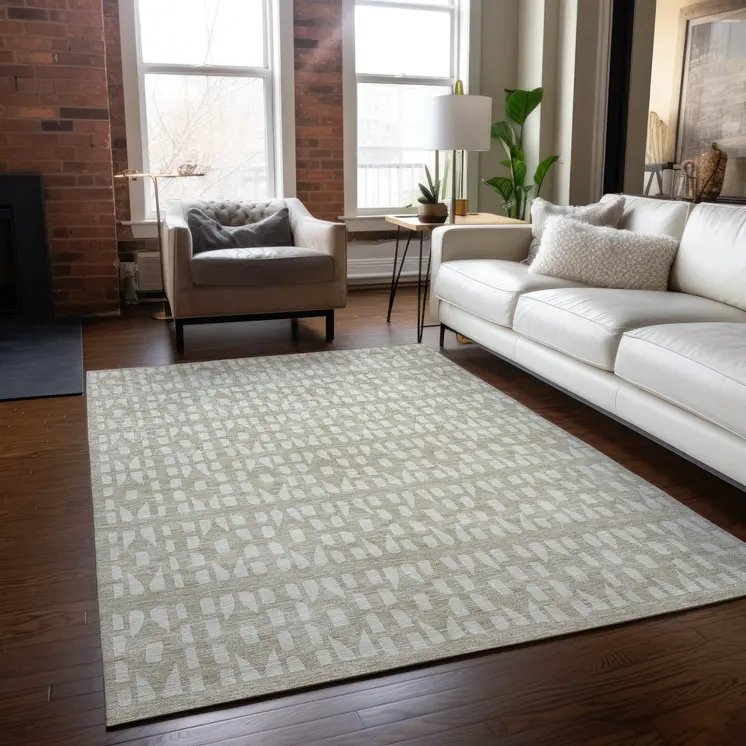 3' X 5' Beige And Ivory Geometric Washable Indoor Outdoor Area Rug