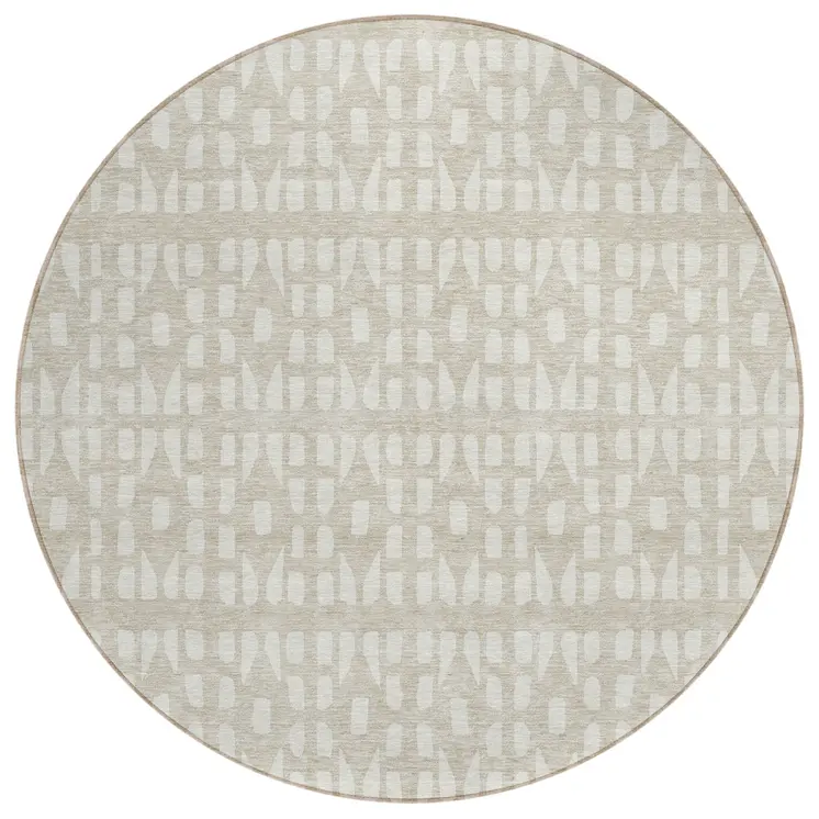 8' Beige And Ivory Round Geometric Washable Indoor Outdoor Area Rug