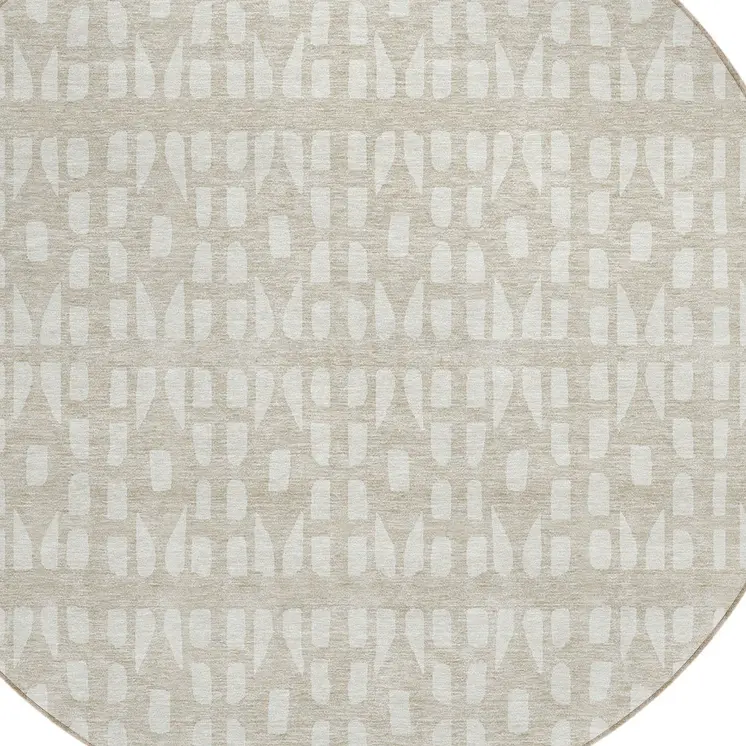 8' Beige And Ivory Round Geometric Washable Indoor Outdoor Area Rug