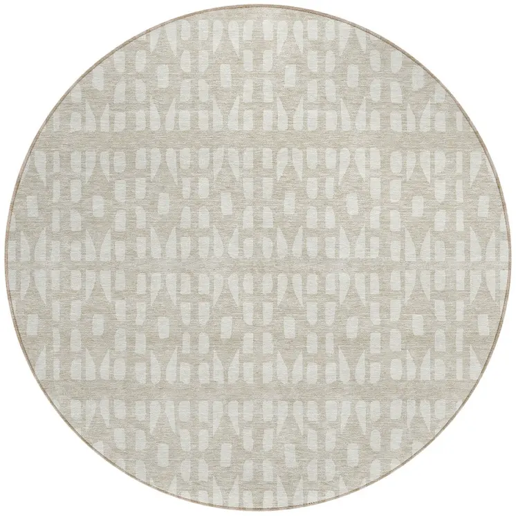 8' Beige And Ivory Round Geometric Washable Indoor Outdoor Area Rug