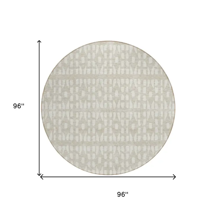 8' Beige And Ivory Round Geometric Washable Indoor Outdoor Area Rug