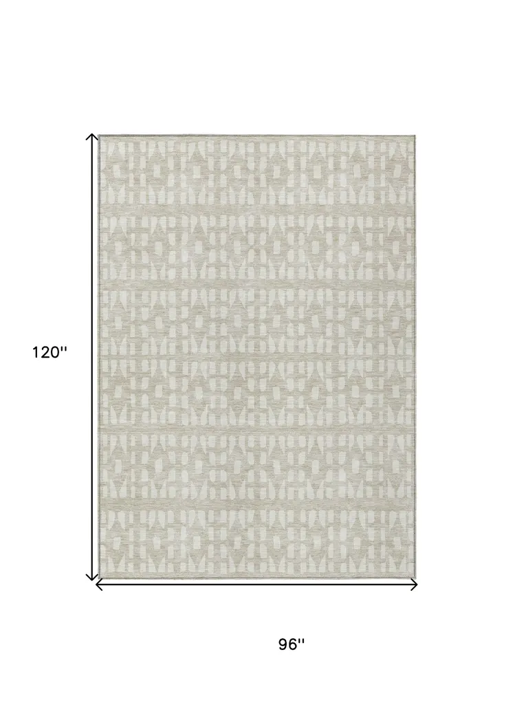 8' X 10' Beige And Ivory Geometric Washable Indoor Outdoor Area Rug