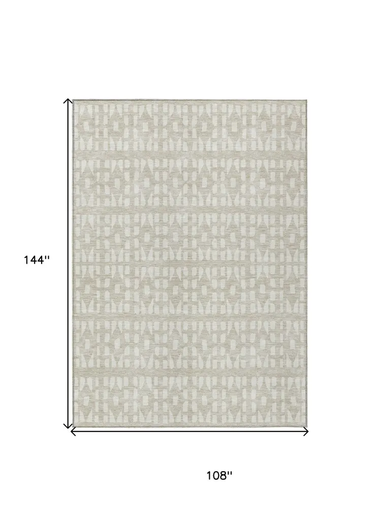 9' X 12' Beige And Ivory Geometric Washable Indoor Outdoor Area Rug