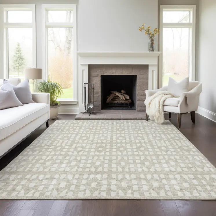 9' X 12' Beige And Ivory Geometric Washable Indoor Outdoor Area Rug