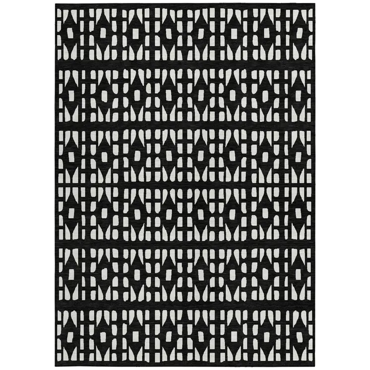 3' X 5' Black And Ivory Geometric Washable Indoor Outdoor Area Rug