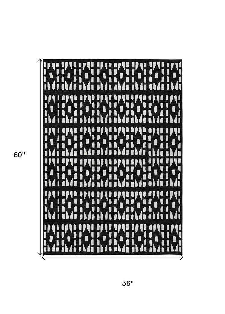 3' X 5' Black And Ivory Geometric Washable Indoor Outdoor Area Rug
