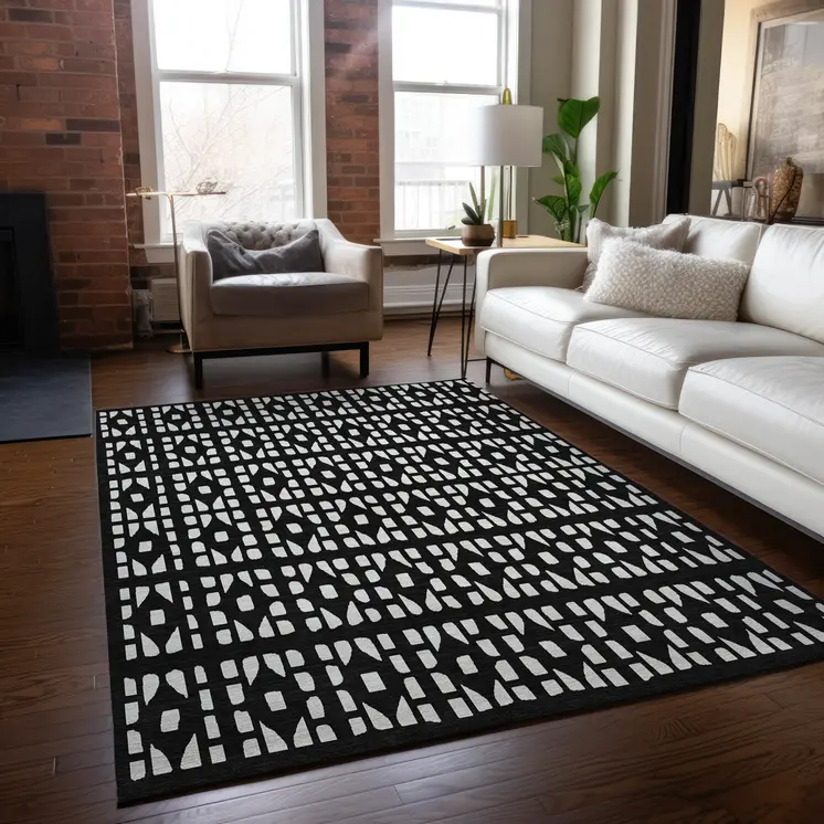 3' X 5' Black And Ivory Geometric Washable Indoor Outdoor Area Rug