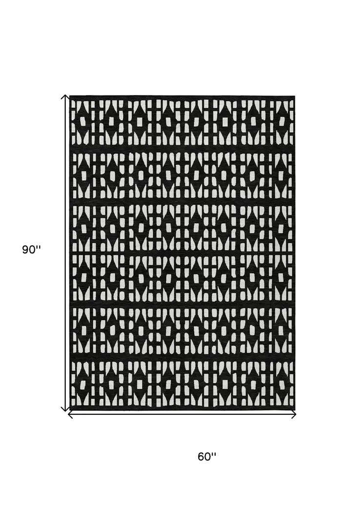 5' X 8' Black And Ivory Geometric Washable Indoor Outdoor Area Rug