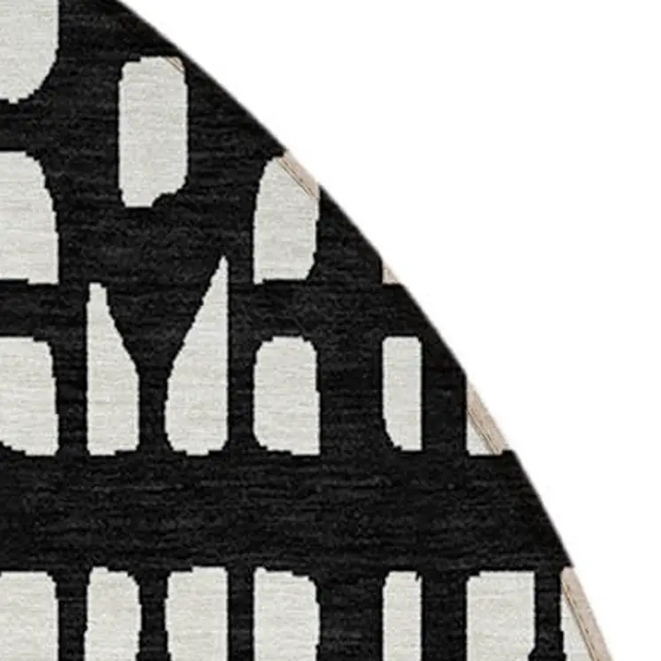 8' Black And Ivory Round Geometric Washable Indoor Outdoor Area Rug