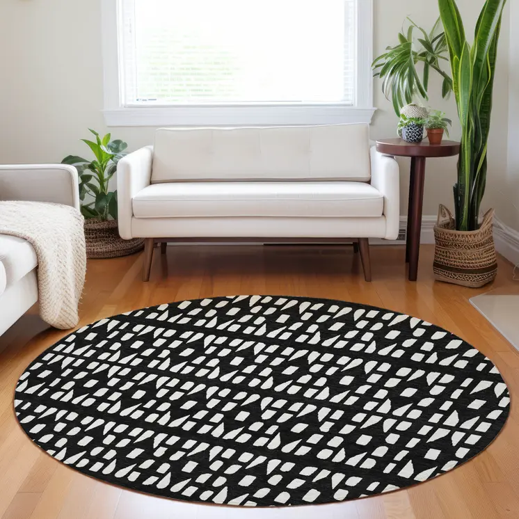 8' Black And Ivory Round Geometric Washable Indoor Outdoor Area Rug