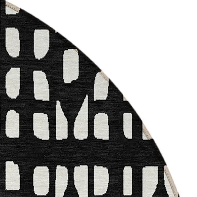 8' Black And Ivory Round Geometric Washable Indoor Outdoor Area Rug