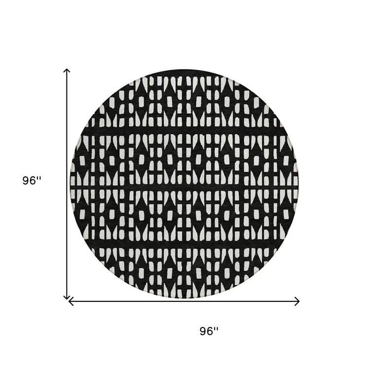 8' Black And Ivory Round Geometric Washable Indoor Outdoor Area Rug