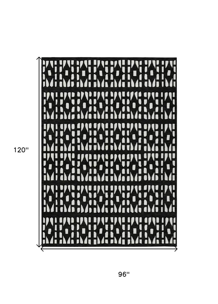 8' X 10' Black And Ivory Geometric Washable Indoor Outdoor Area Rug