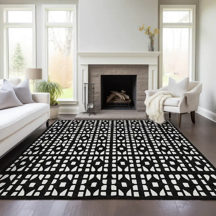 8' X 10' Black And Ivory Geometric Washable Indoor Outdoor Area Rug