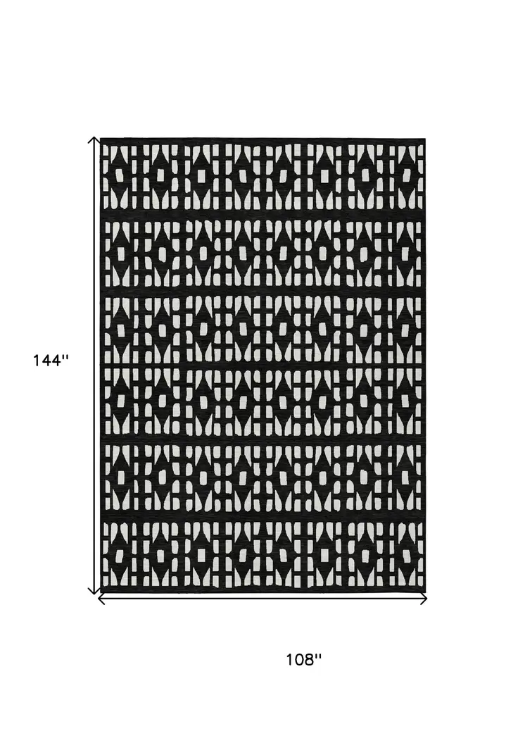 9' X 12' Black And Ivory Geometric Washable Indoor Outdoor Area Rug