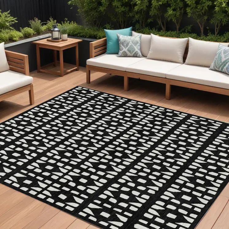 9' X 12' Black And Ivory Geometric Washable Indoor Outdoor Area Rug