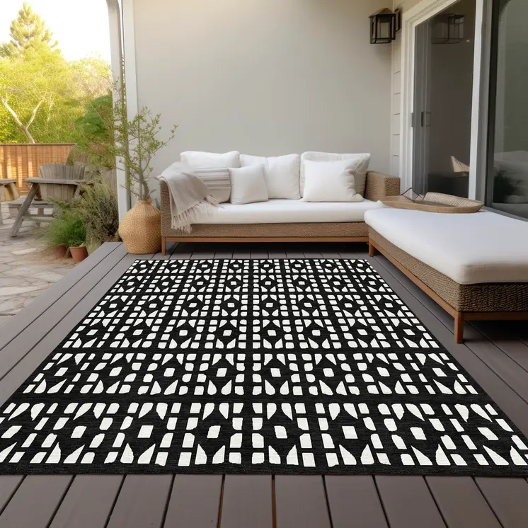 9' X 12' Black And Ivory Geometric Washable Indoor Outdoor Area Rug