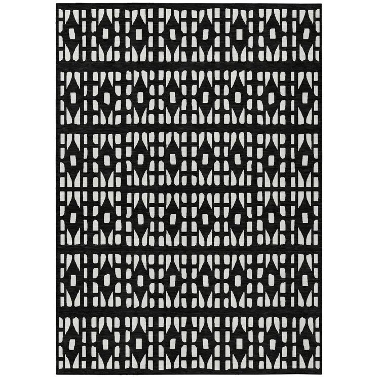 9' X 12' Black And Ivory Geometric Washable Indoor Outdoor Area Rug