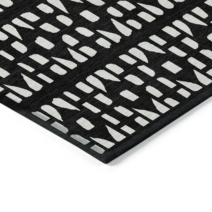 9' X 12' Black And Ivory Geometric Washable Indoor Outdoor Area Rug