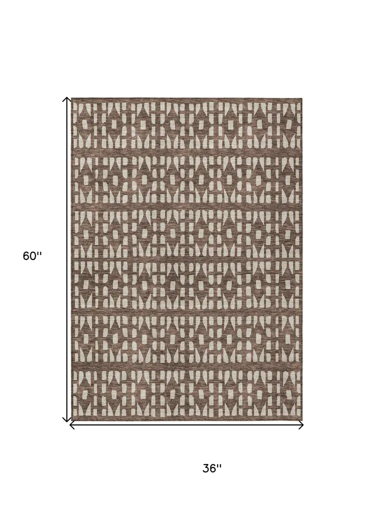 3' X 5' Brown And Ivory Geometric Washable Indoor Outdoor Area Rug