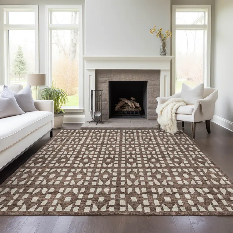 3' X 5' Brown And Ivory Geometric Washable Indoor Outdoor Area Rug