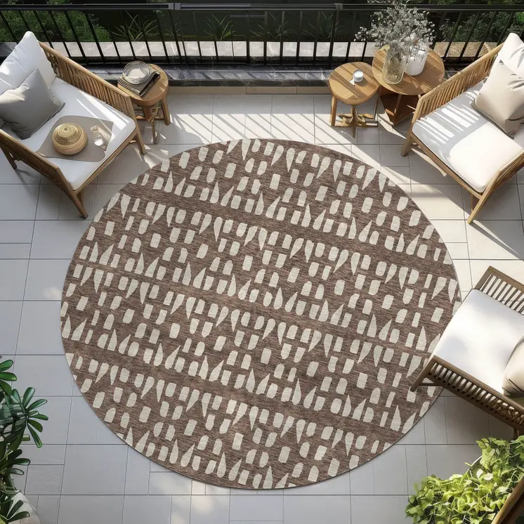 8' Brown And Ivory Round Geometric Washable Indoor Outdoor Area Rug