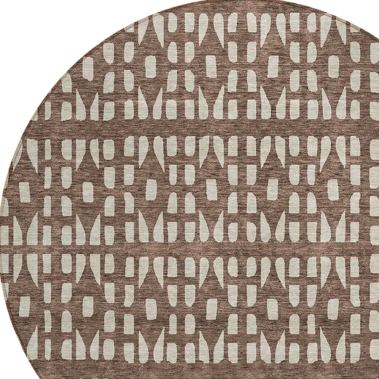 8' Brown And Ivory Round Geometric Washable Indoor Outdoor Area Rug