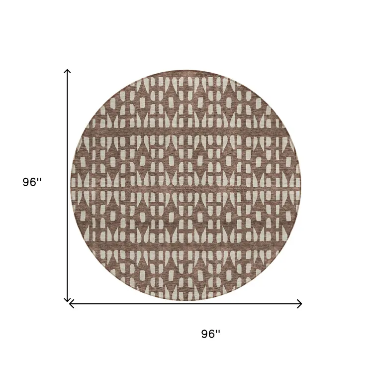 8' Brown And Ivory Round Geometric Washable Indoor Outdoor Area Rug