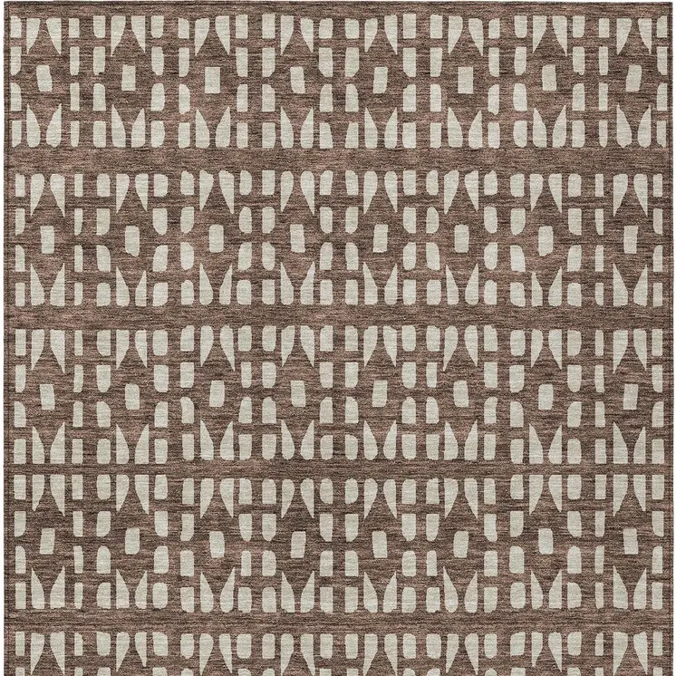 9' X 12' Brown And Ivory Geometric Washable Indoor Outdoor Area Rug