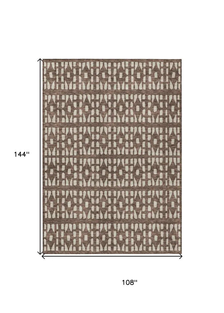 9' X 12' Brown And Ivory Geometric Washable Indoor Outdoor Area Rug
