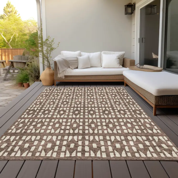 9' X 12' Brown And Ivory Geometric Washable Indoor Outdoor Area Rug