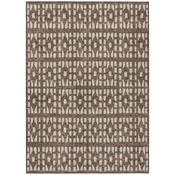 9' X 12' Brown And Ivory Geometric Washable Indoor Outdoor Area Rug
