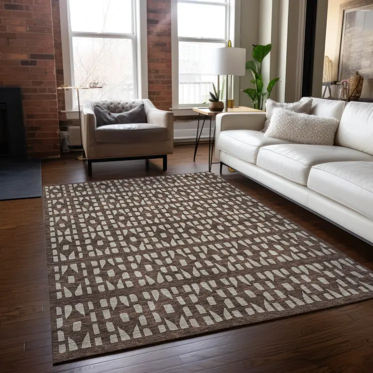 9' X 12' Brown And Ivory Geometric Washable Indoor Outdoor Area Rug