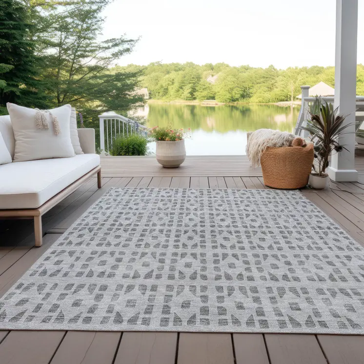 5' X 8' Gray And Ivory Geometric Washable Indoor Outdoor Area Rug