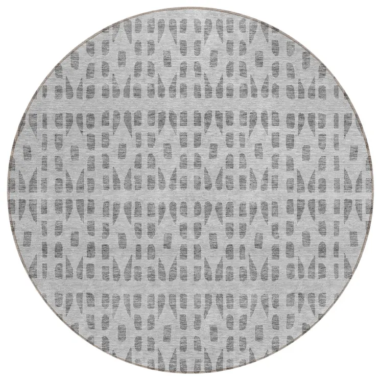 8' Gray And Ivory Round Geometric Washable Indoor Outdoor Area Rug
