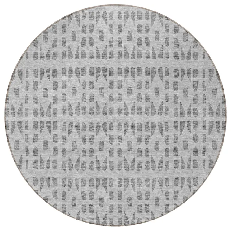 8' Gray And Ivory Round Geometric Washable Indoor Outdoor Area Rug