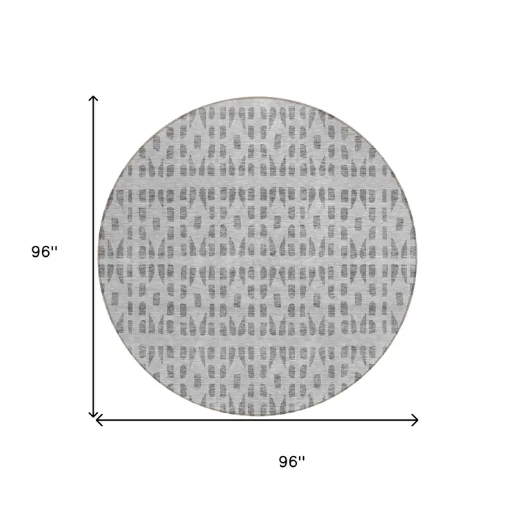 8' Gray And Ivory Round Geometric Washable Indoor Outdoor Area Rug