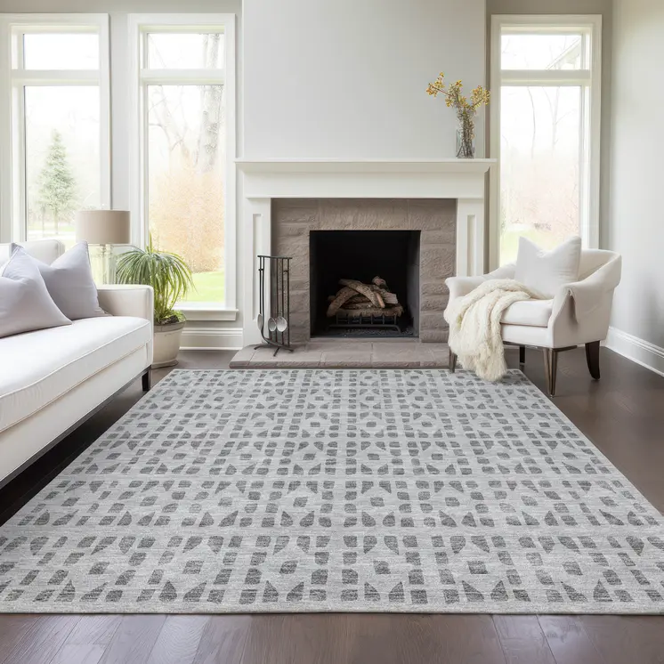 9' X 12' Gray And Ivory Geometric Washable Indoor Outdoor Area Rug