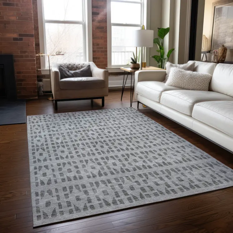 10' X 14' Gray And Ivory Geometric Washable Indoor Outdoor Area Rug