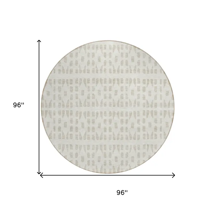 8' Ivory And Beige Round Geometric Washable Indoor Outdoor Area Rug