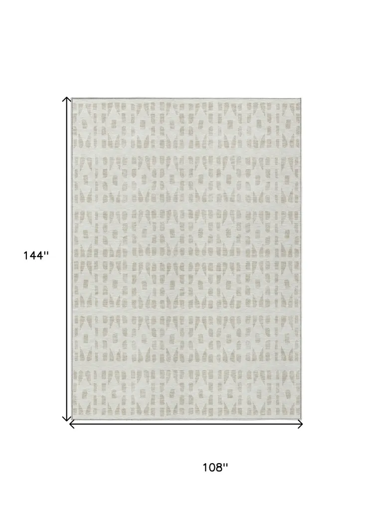 9' X 12' Ivory And Beige Geometric Washable Indoor Outdoor Area Rug