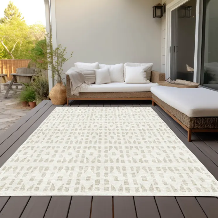 9' X 12' Ivory And Beige Geometric Washable Indoor Outdoor Area Rug