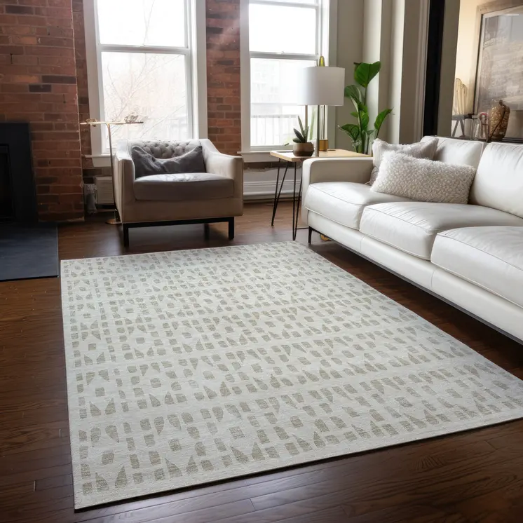 9' X 12' Ivory And Beige Geometric Washable Indoor Outdoor Area Rug