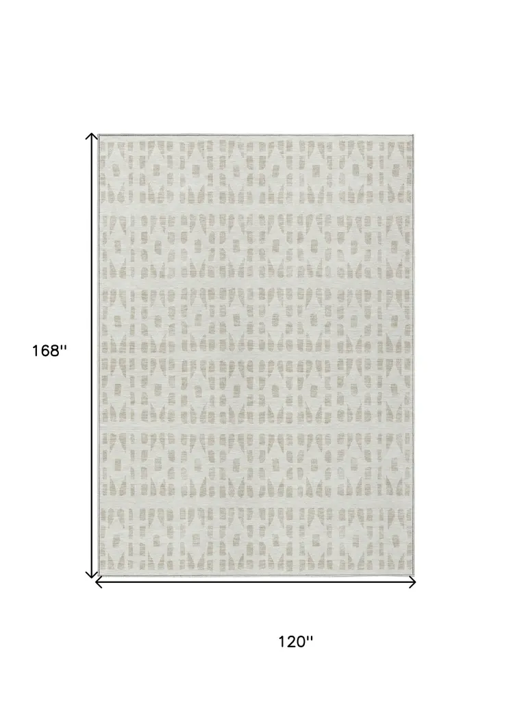 10' X 14' Ivory And Beige Geometric Washable Indoor Outdoor Area Rug