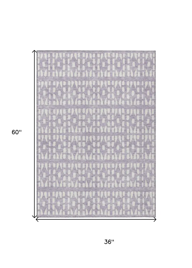 3' X 5' Lavender And Ivory Geometric Washable Indoor Outdoor Area Rug