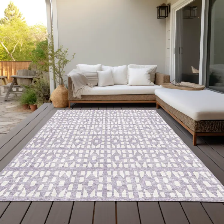 3' X 5' Lavender And Ivory Geometric Washable Indoor Outdoor Area Rug
