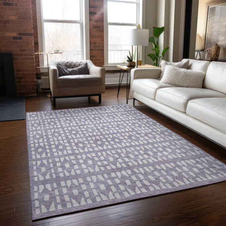 3' X 5' Lavender And Ivory Geometric Washable Indoor Outdoor Area Rug