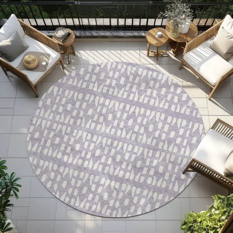8' Lavender And Ivory Round Geometric Washable Indoor Outdoor Area Rug
